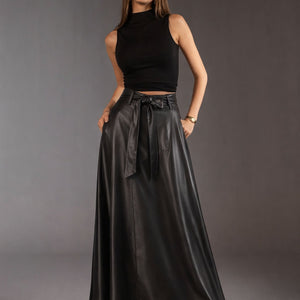 Black Faux Leather Elegant Flared Skirt