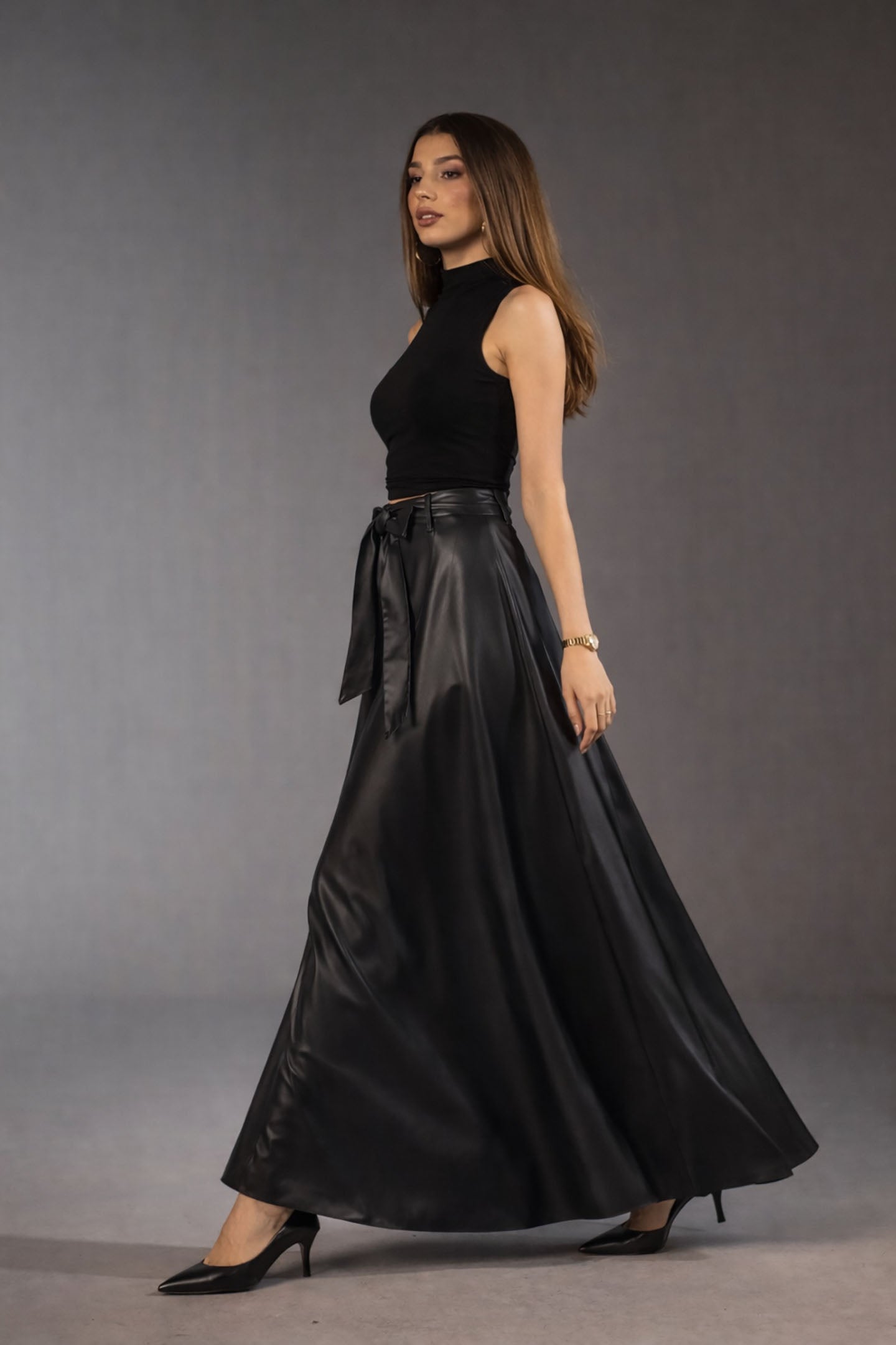 Black Faux Leather Elegant Flared Skirt