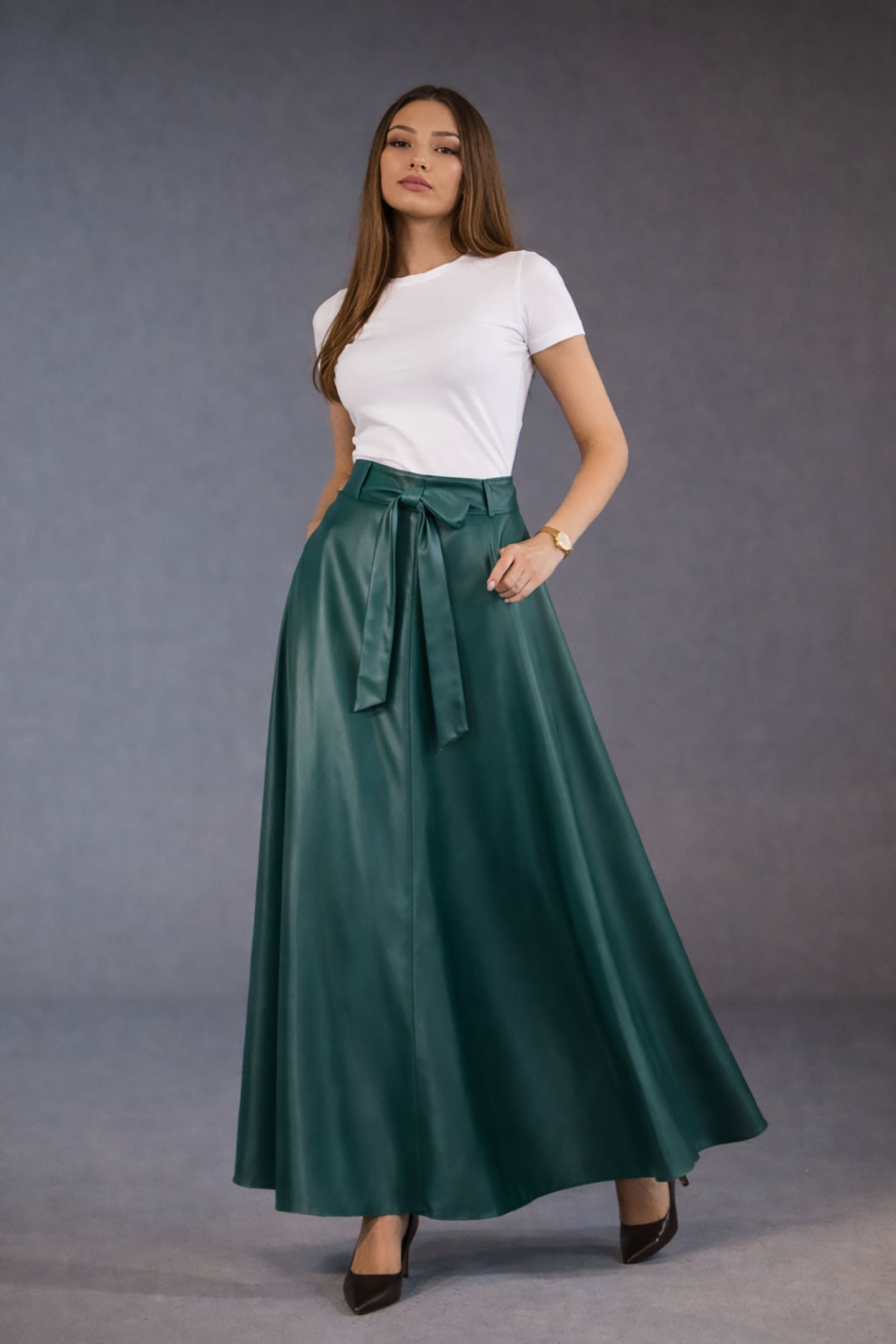 Olive Faux Leather Elegant Flared Skirt