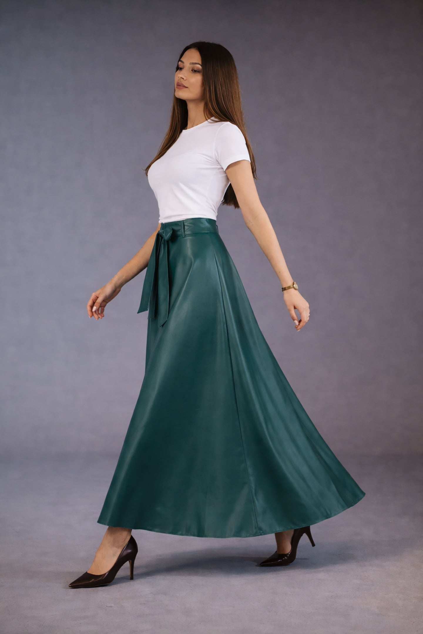 Olive Faux Leather Elegant Flared Skirt