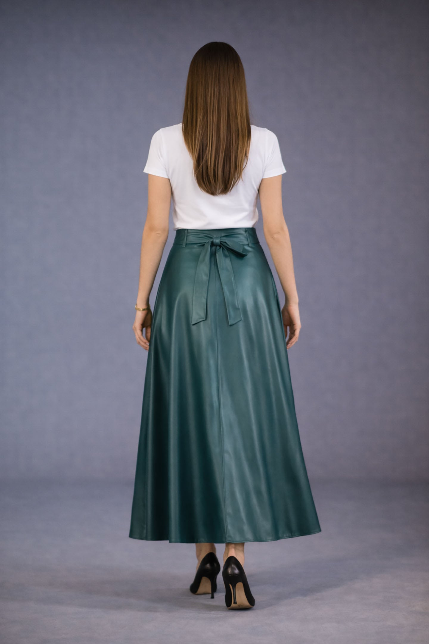 Olive Faux Leather Elegant Flared Skirt
