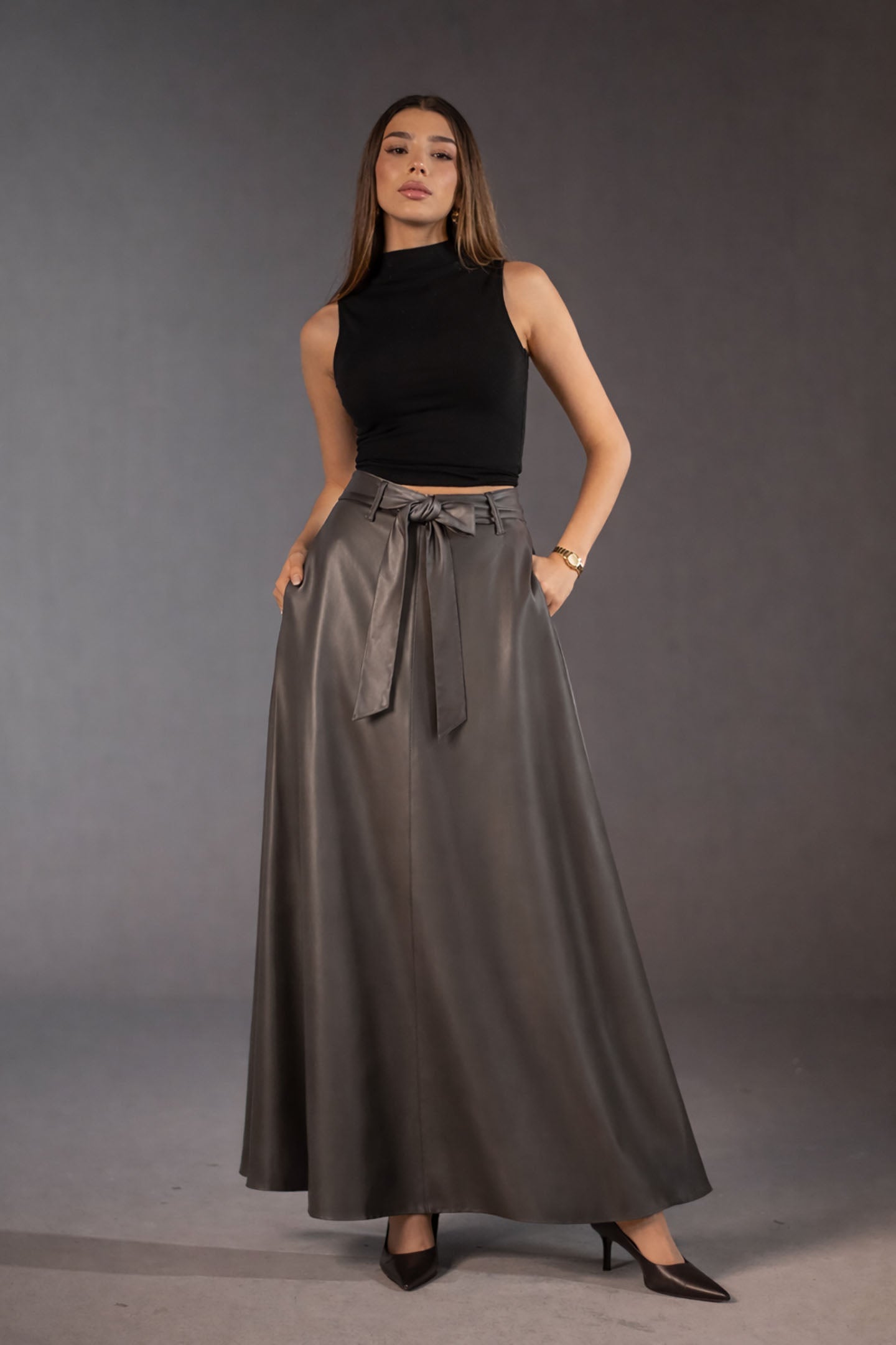 Grey Faux Leather Elegant Flared Skirt