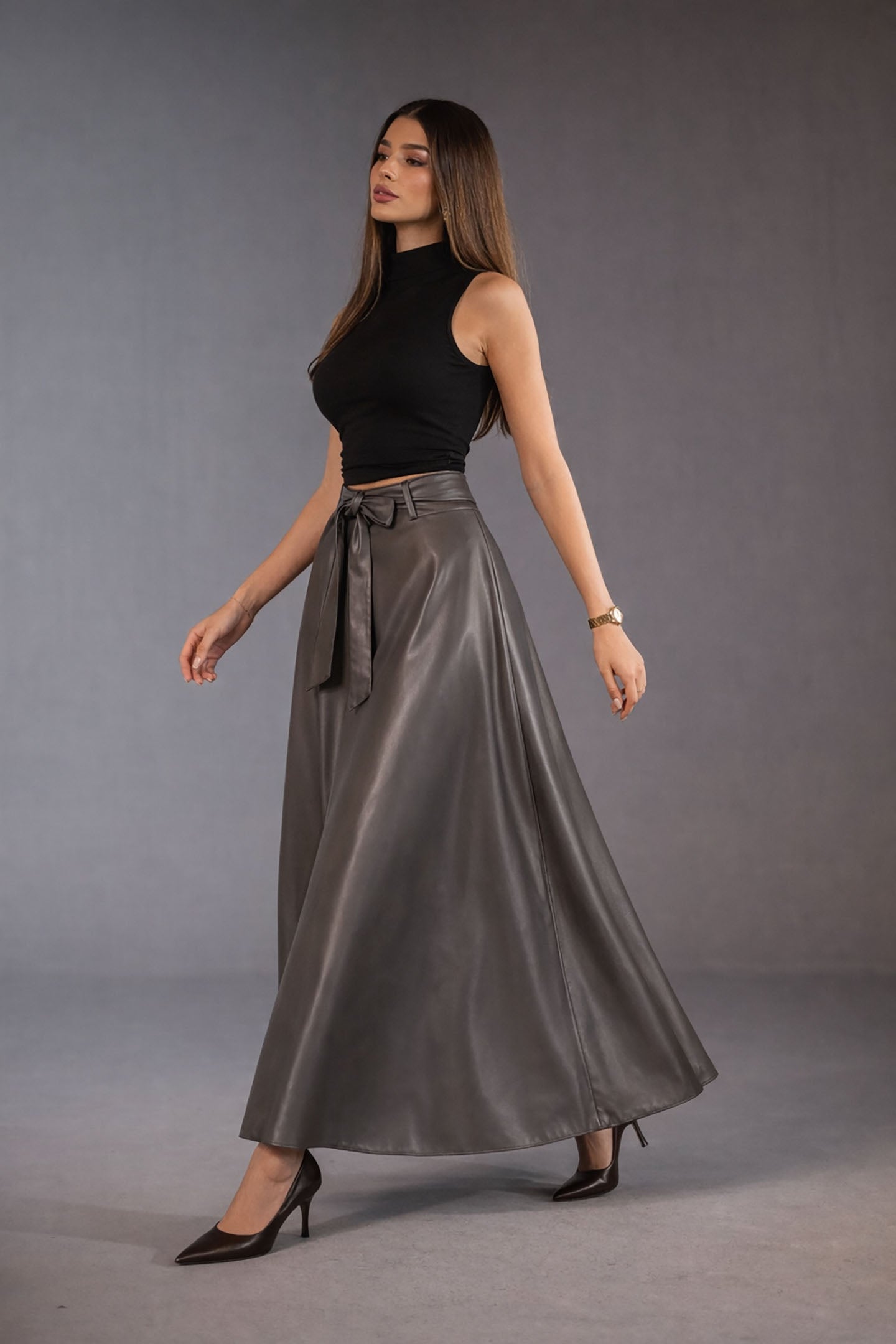 Grey Faux Leather Elegant Flared Skirt