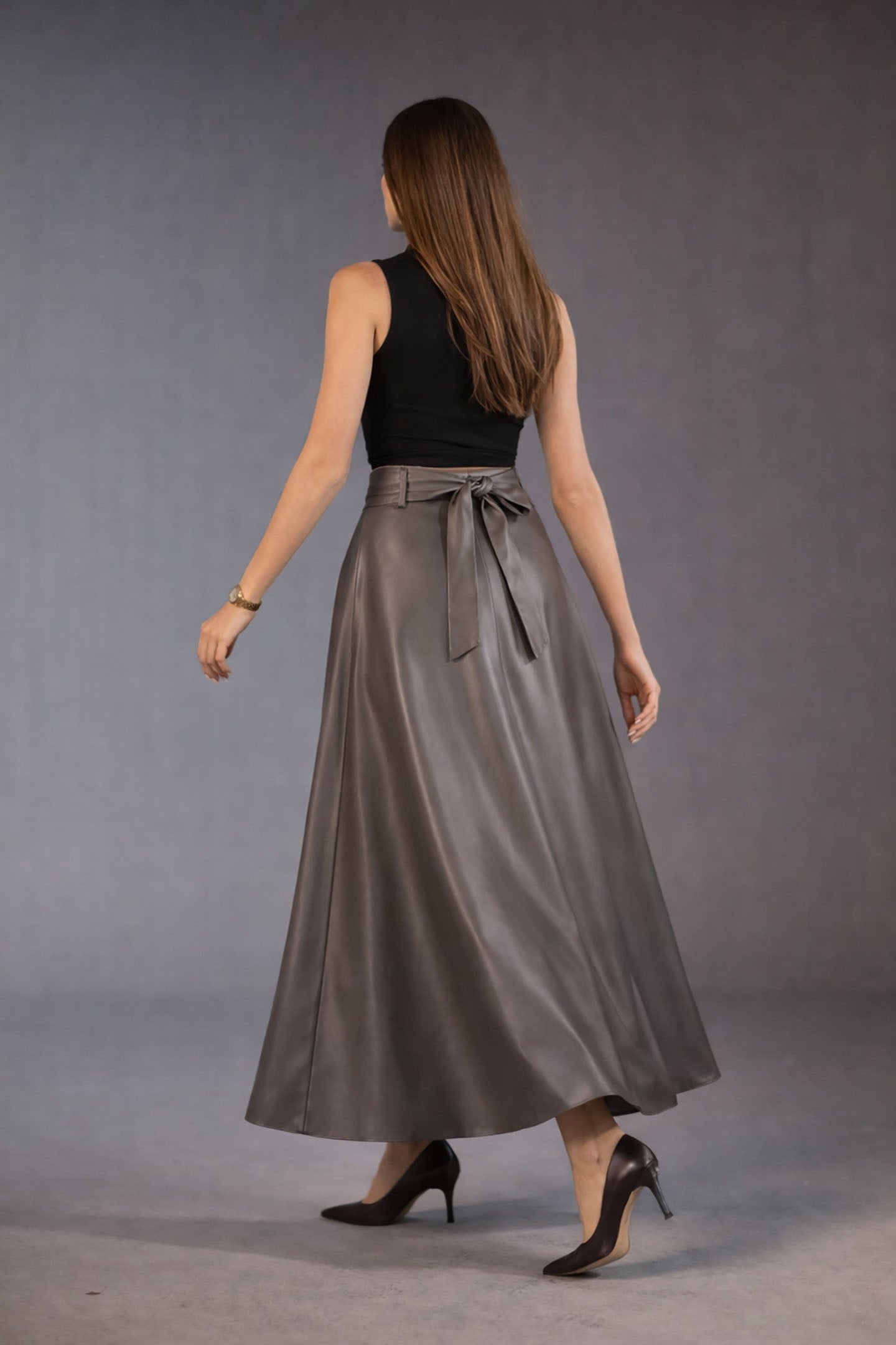 Grey Faux Leather Elegant Flared Skirt