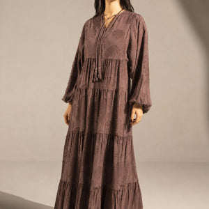 Brown Jacquard Tiered Maxi Dress with Tassel