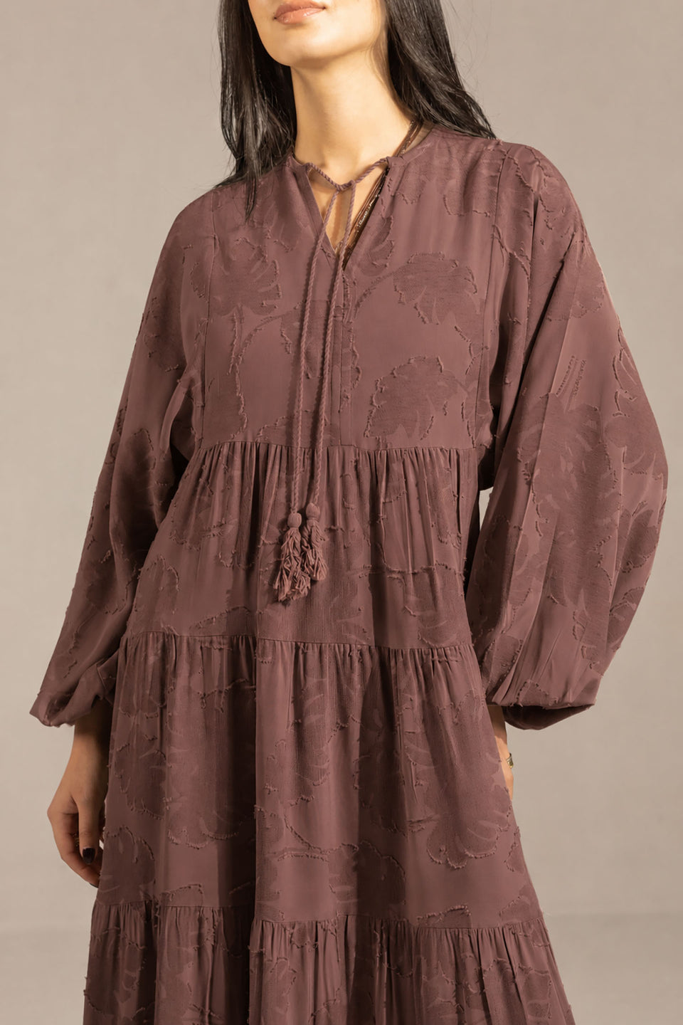 Brown Jacquard Tiered Maxi Dress with Tassel