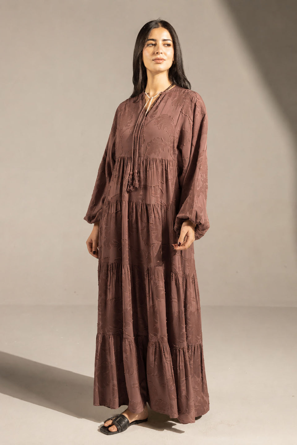 Brown Jacquard Tiered Maxi Dress with Tassel