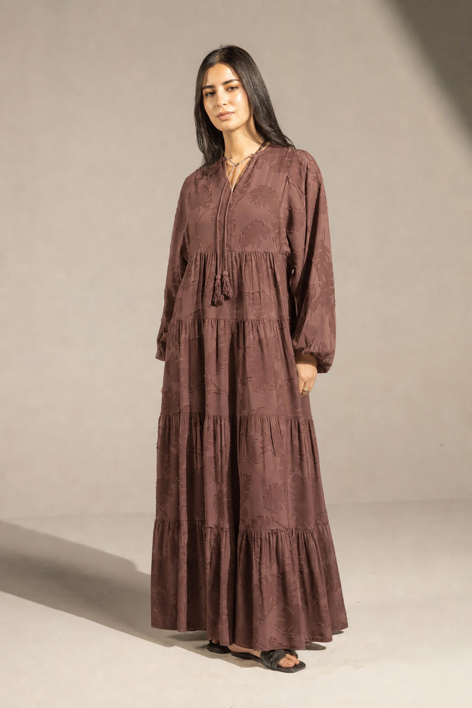 Brown Jacquard Tiered Maxi Dress with Tassel
