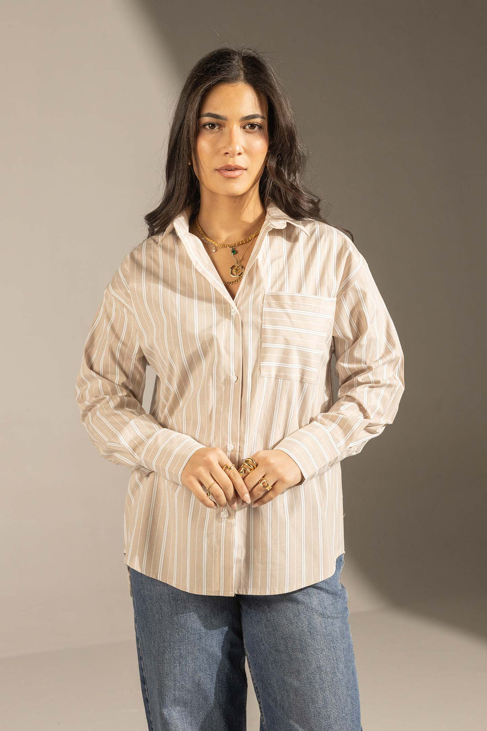 Beige Striped Relaxed Fit Button-Up Shirt