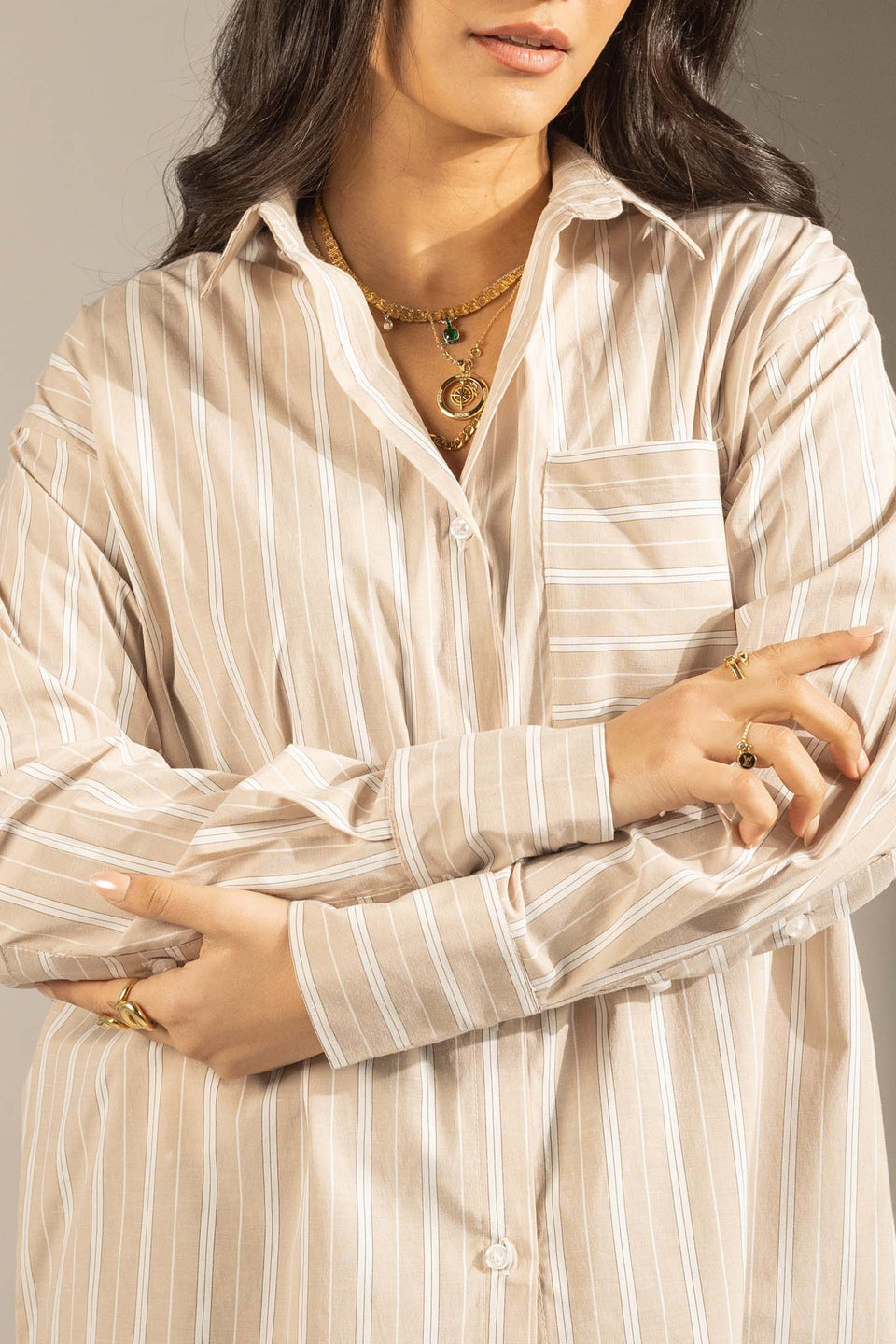 Beige Striped Relaxed Fit Button-Up Shirt