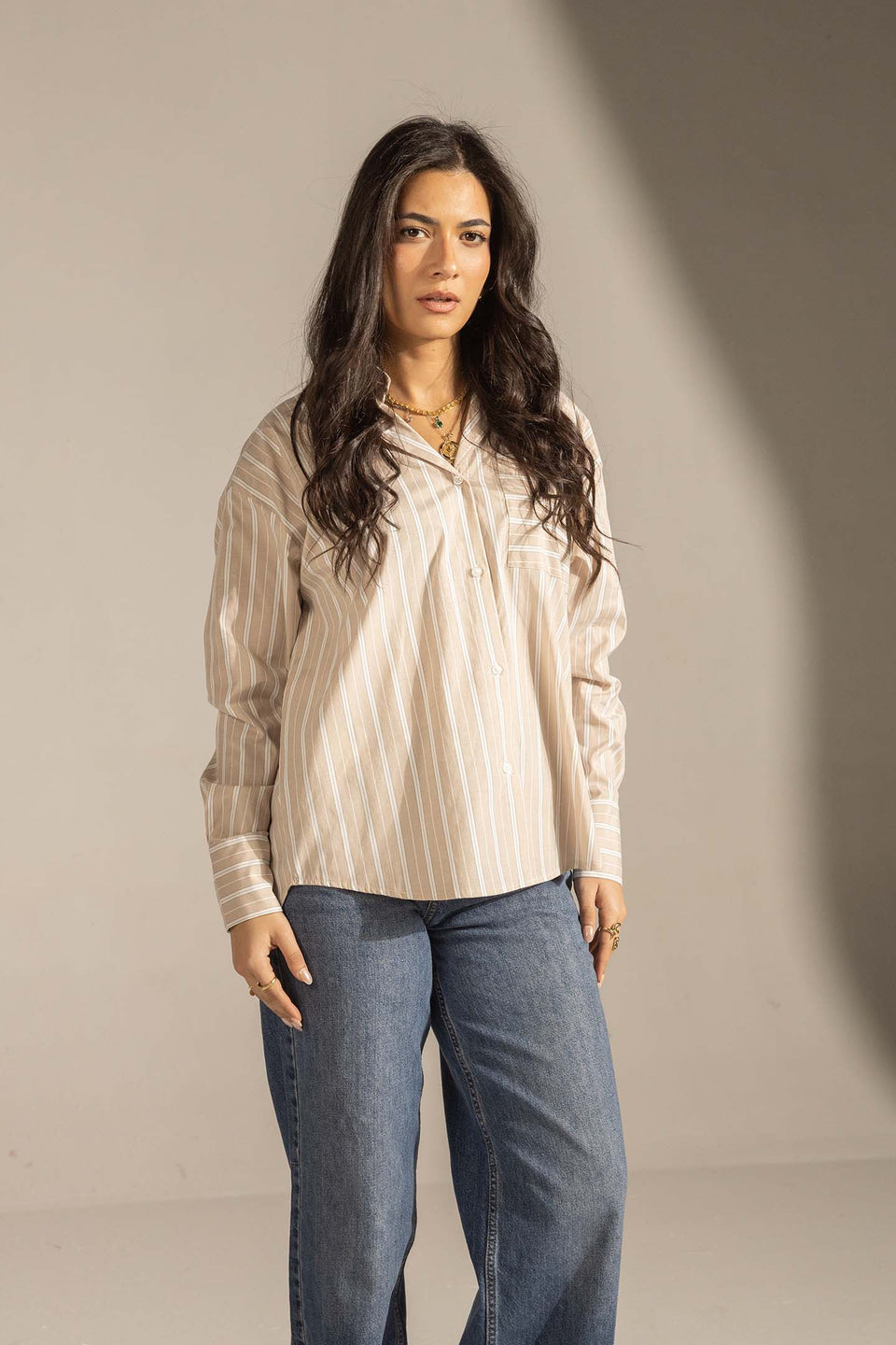 Beige Striped Relaxed Fit Button-Up Shirt