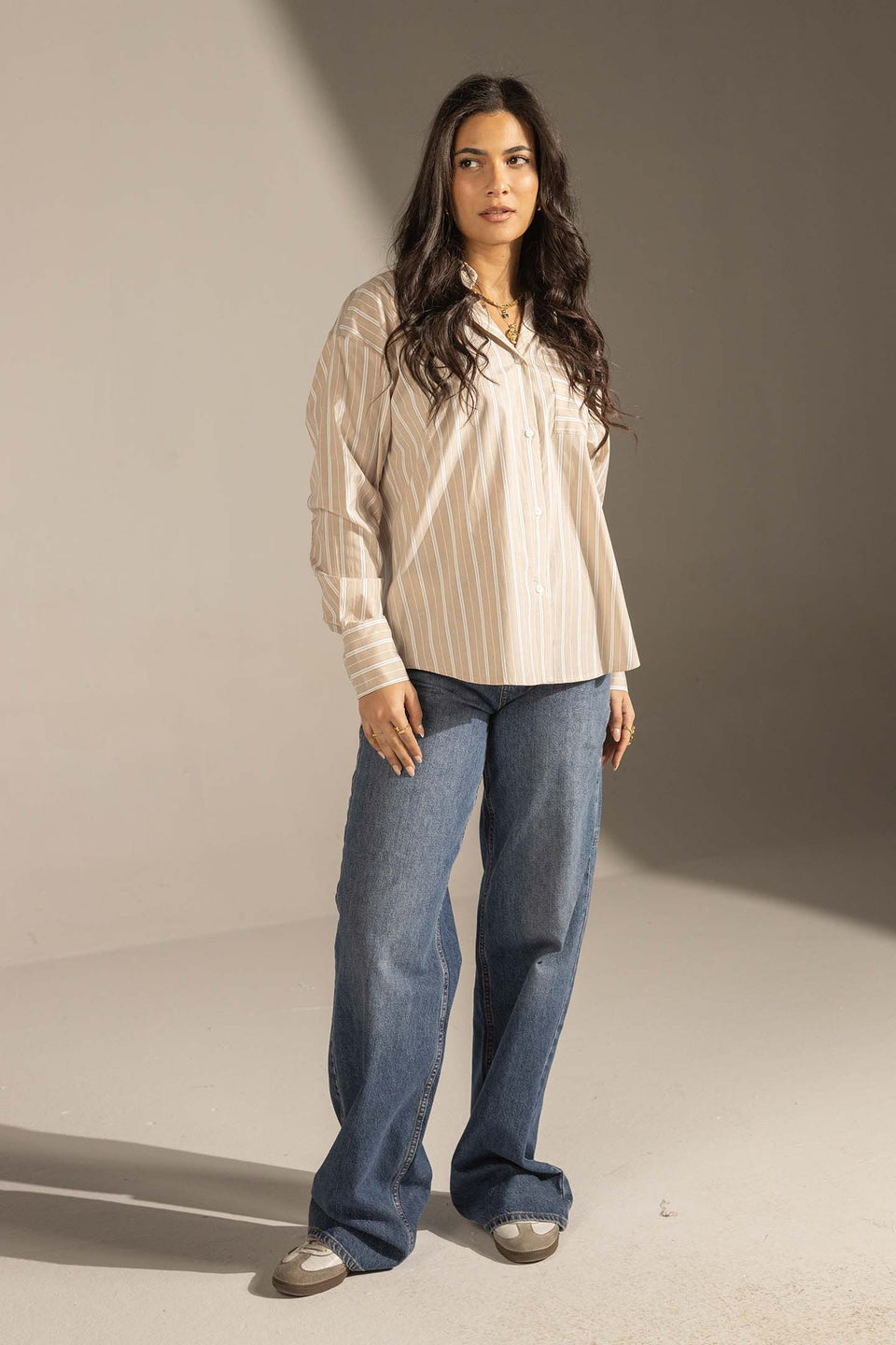 Beige Striped Relaxed Fit Button-Up Shirt