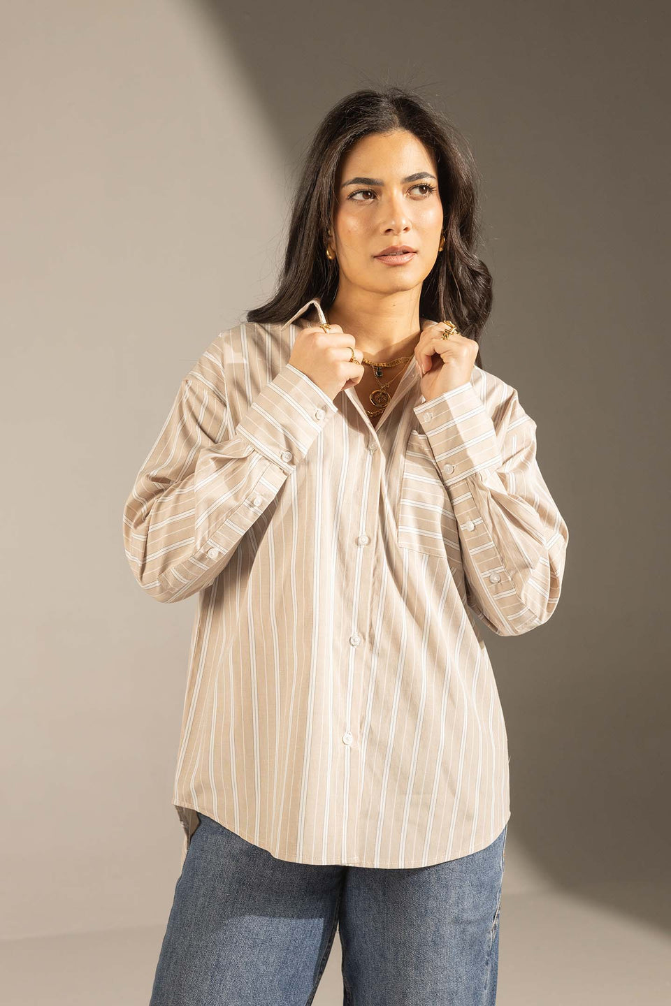 Beige Striped Relaxed Fit Button-Up Shirt