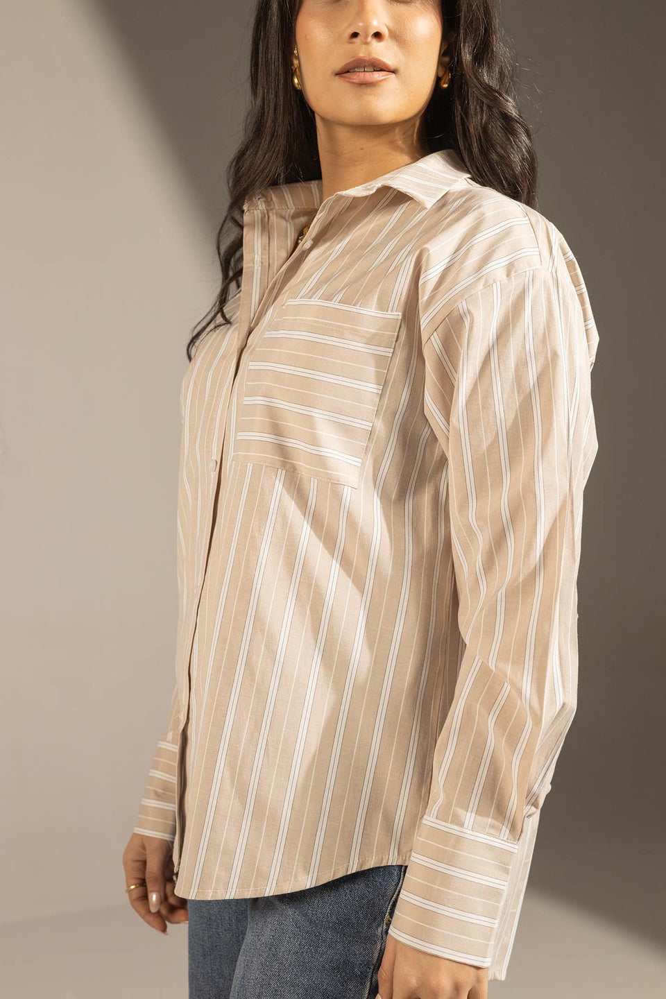 Beige Striped Relaxed Fit Button-Up Shirt