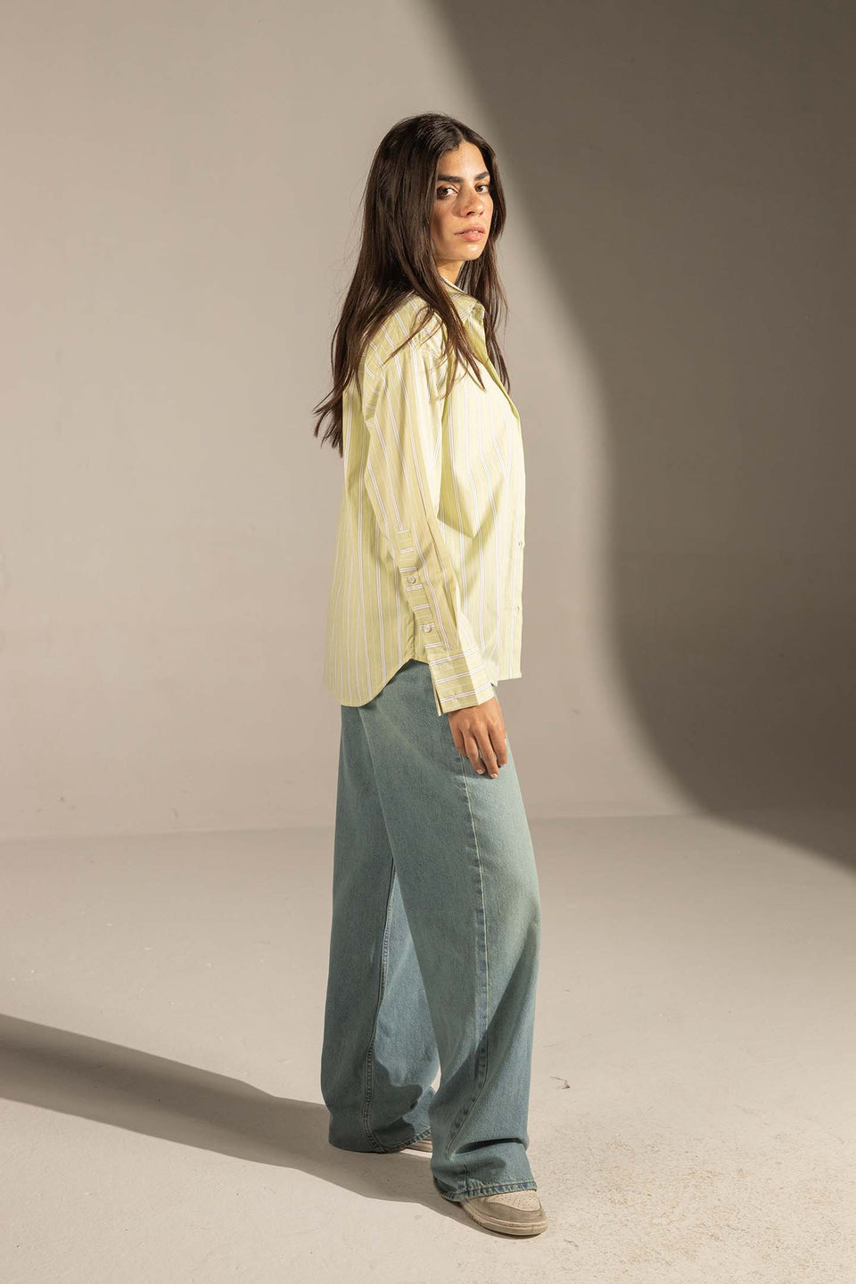 Lime Striped Relaxed Fit Button-Up Shirt