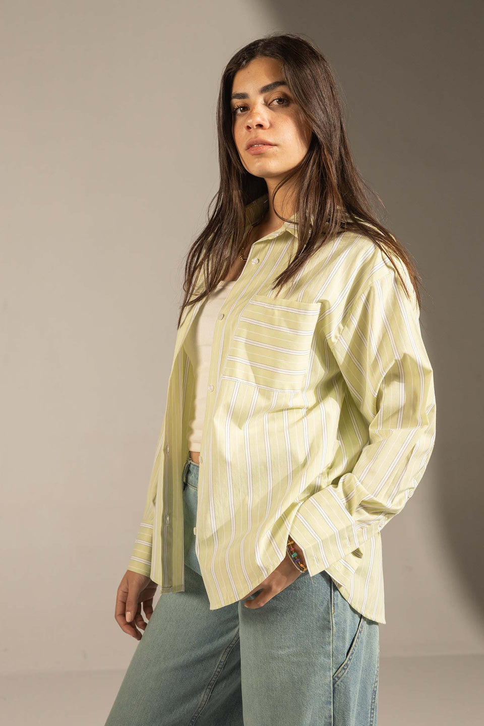 Lime Striped Relaxed Fit Button-Up Shirt