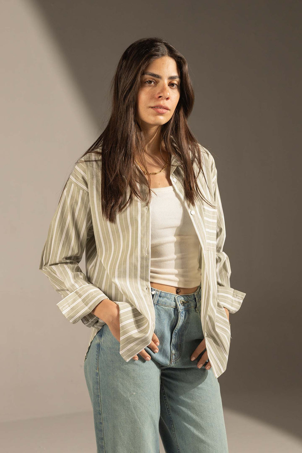 Olive Striped Relaxed Fit Button-Up Shirt