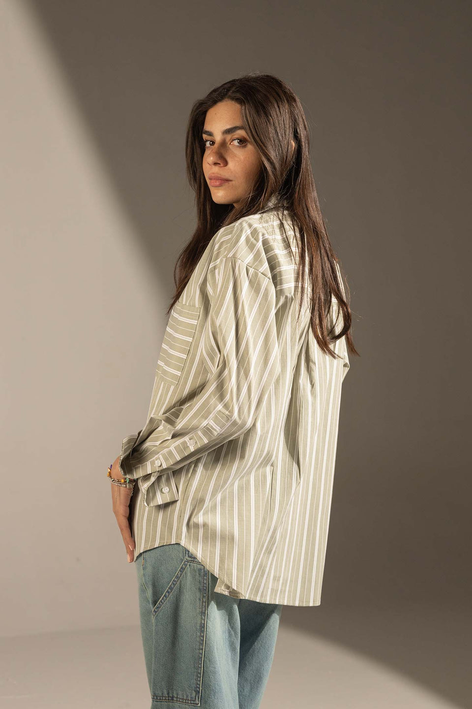 Olive Striped Relaxed Fit Button-Up Shirt