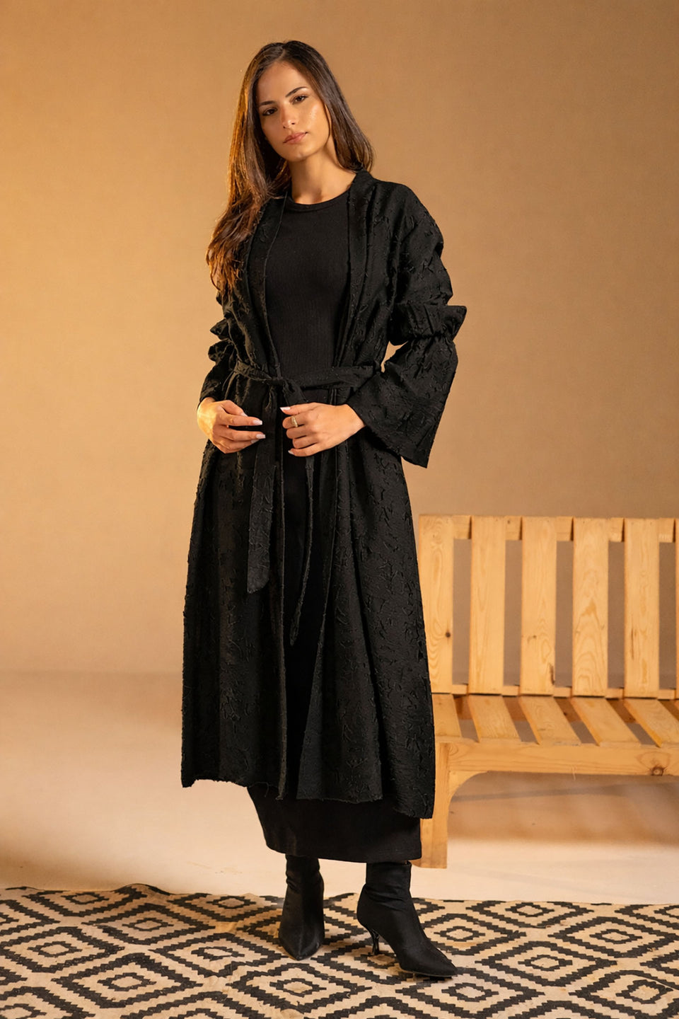 Black Textured Jacquard Flared Sleeve Cardigan