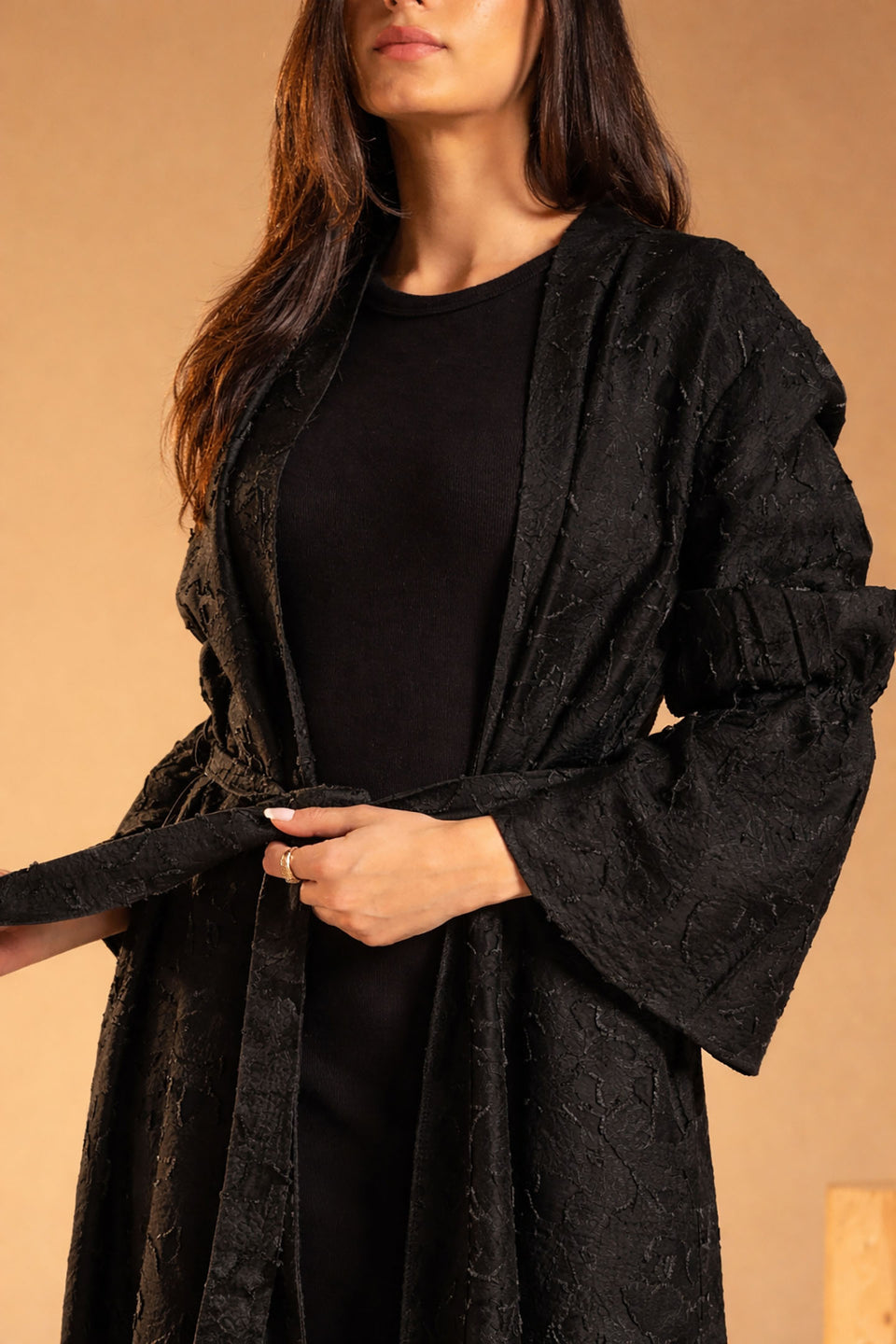 Black Textured Jacquard Flared Sleeve Cardigan