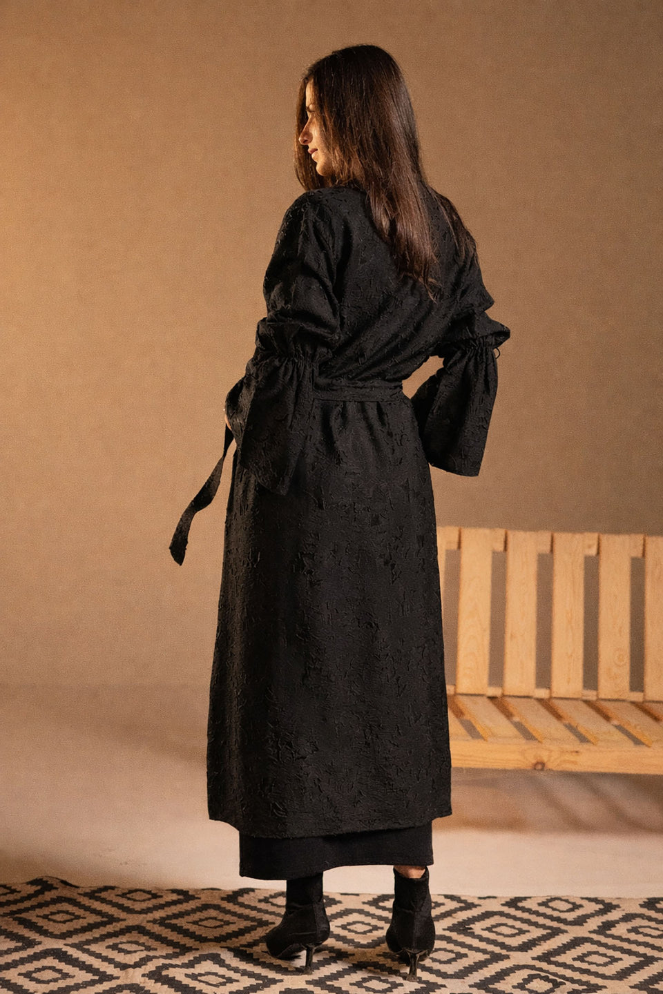 Black Textured Jacquard Flared Sleeve Cardigan