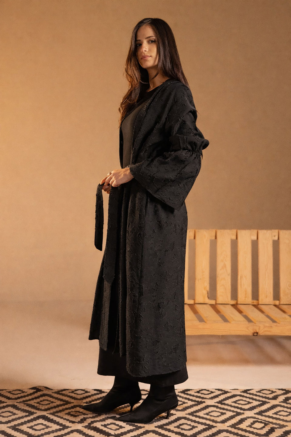 Black Textured Jacquard Flared Sleeve Cardigan