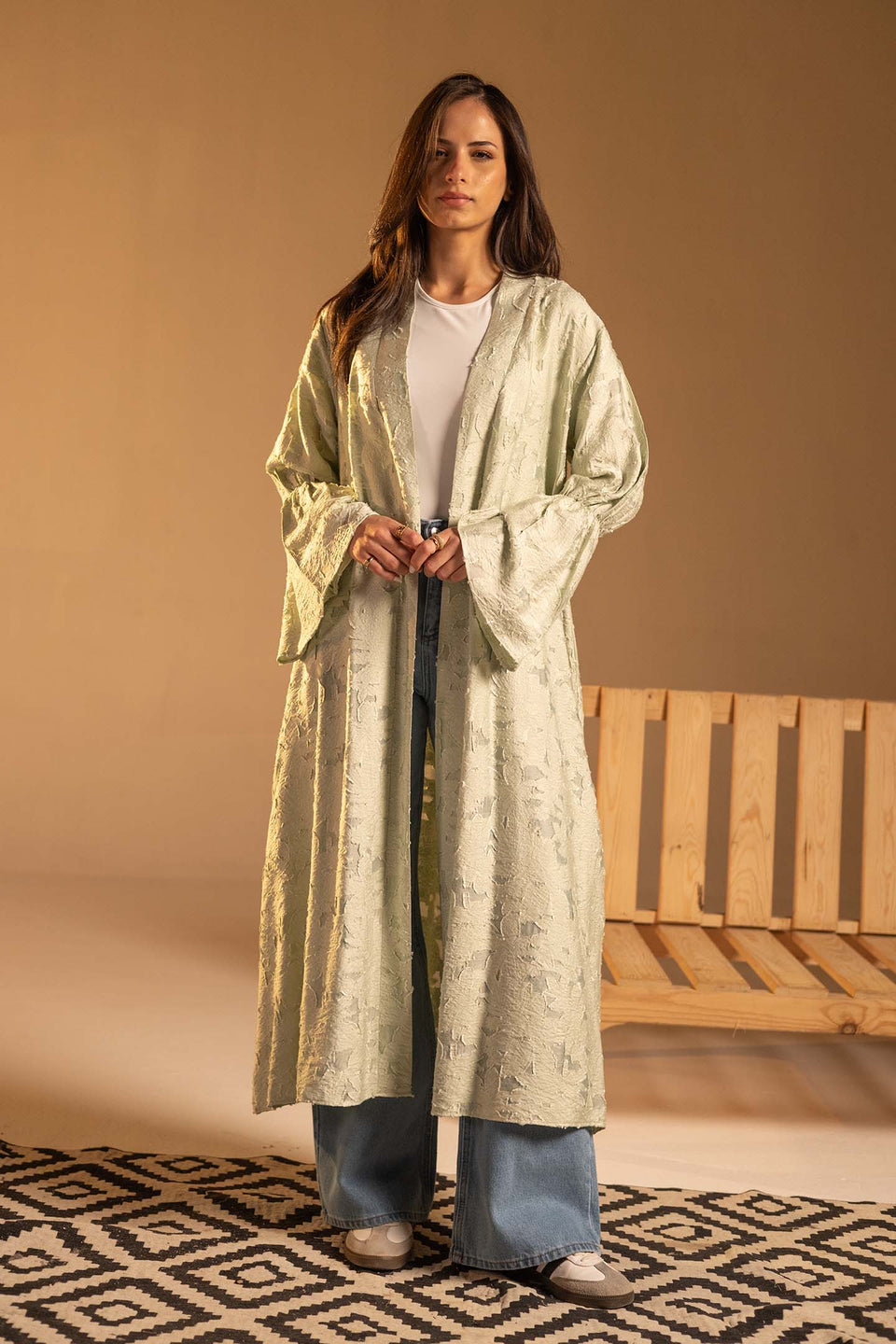 Mint Green Textured Jacquard Flared Sleeve Cardigan