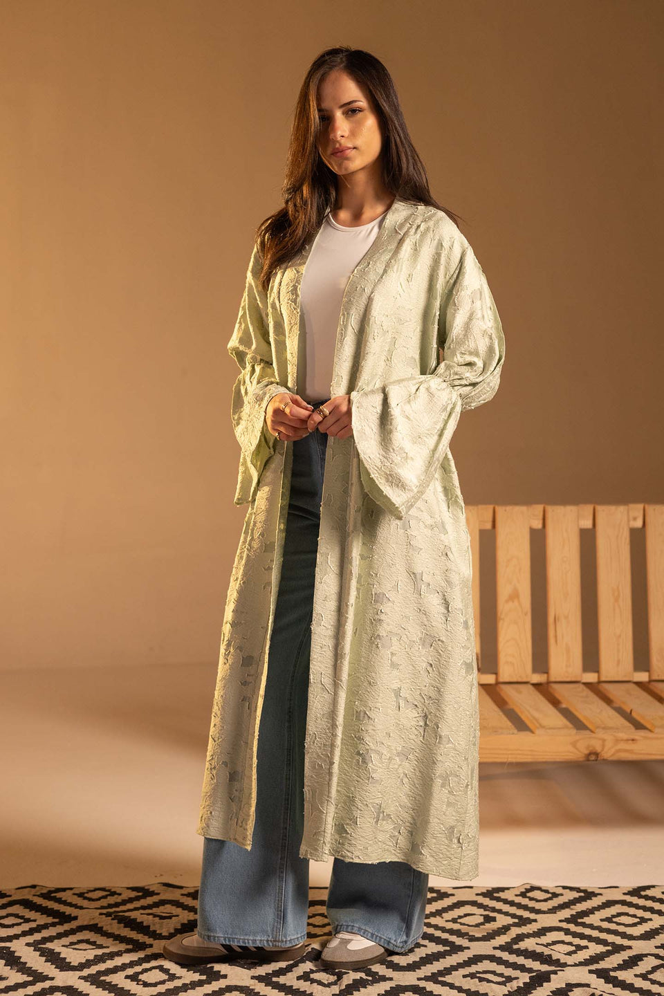 Mint Green Textured Jacquard Flared Sleeve Cardigan