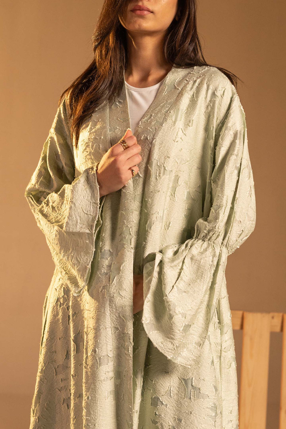 Mint Green Textured Jacquard Flared Sleeve Cardigan