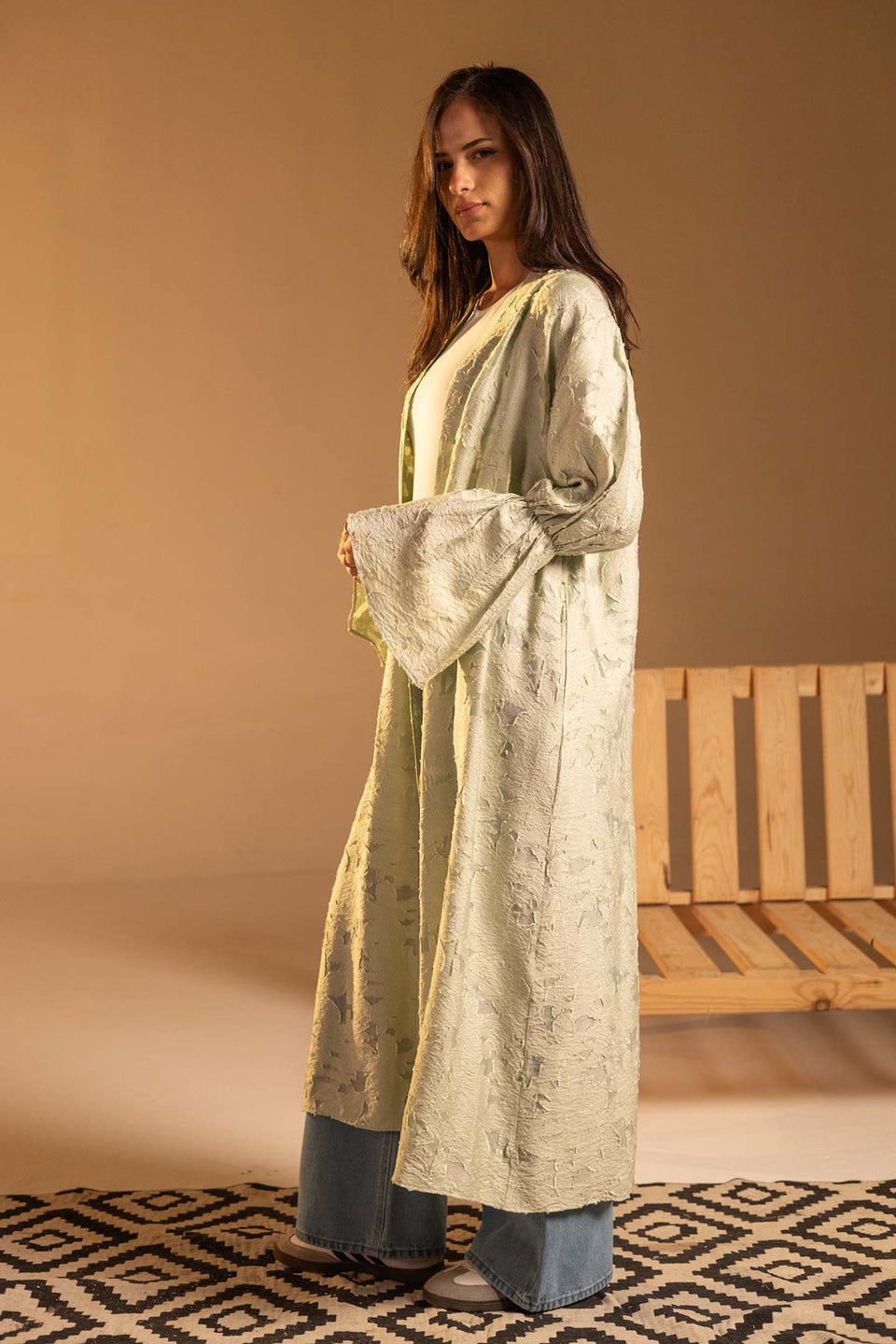 Mint Green Textured Jacquard Flared Sleeve Cardigan