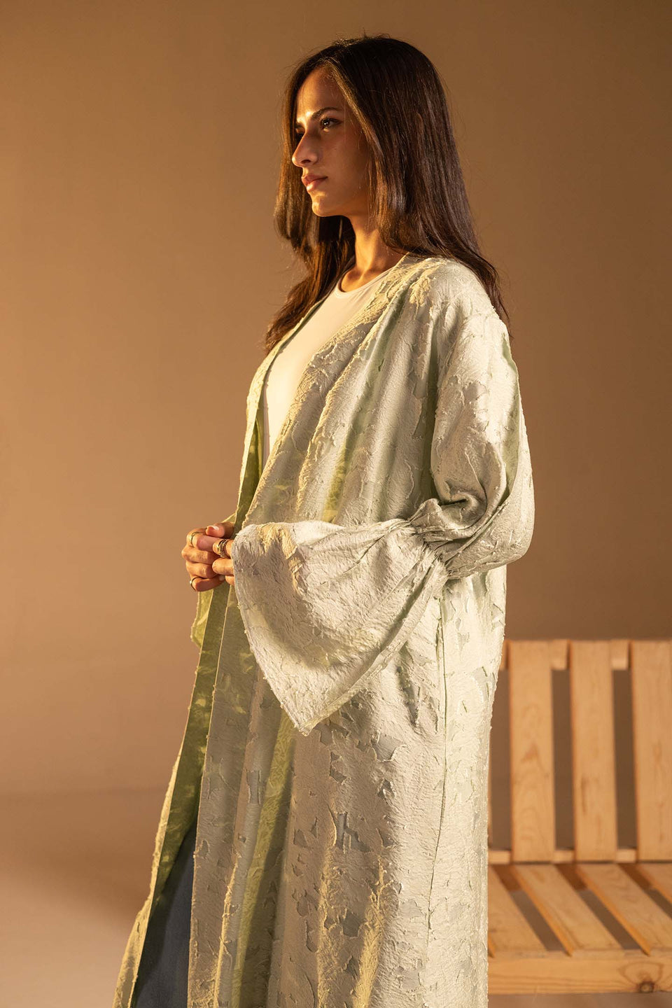 Mint Green Textured Jacquard Flared Sleeve Cardigan