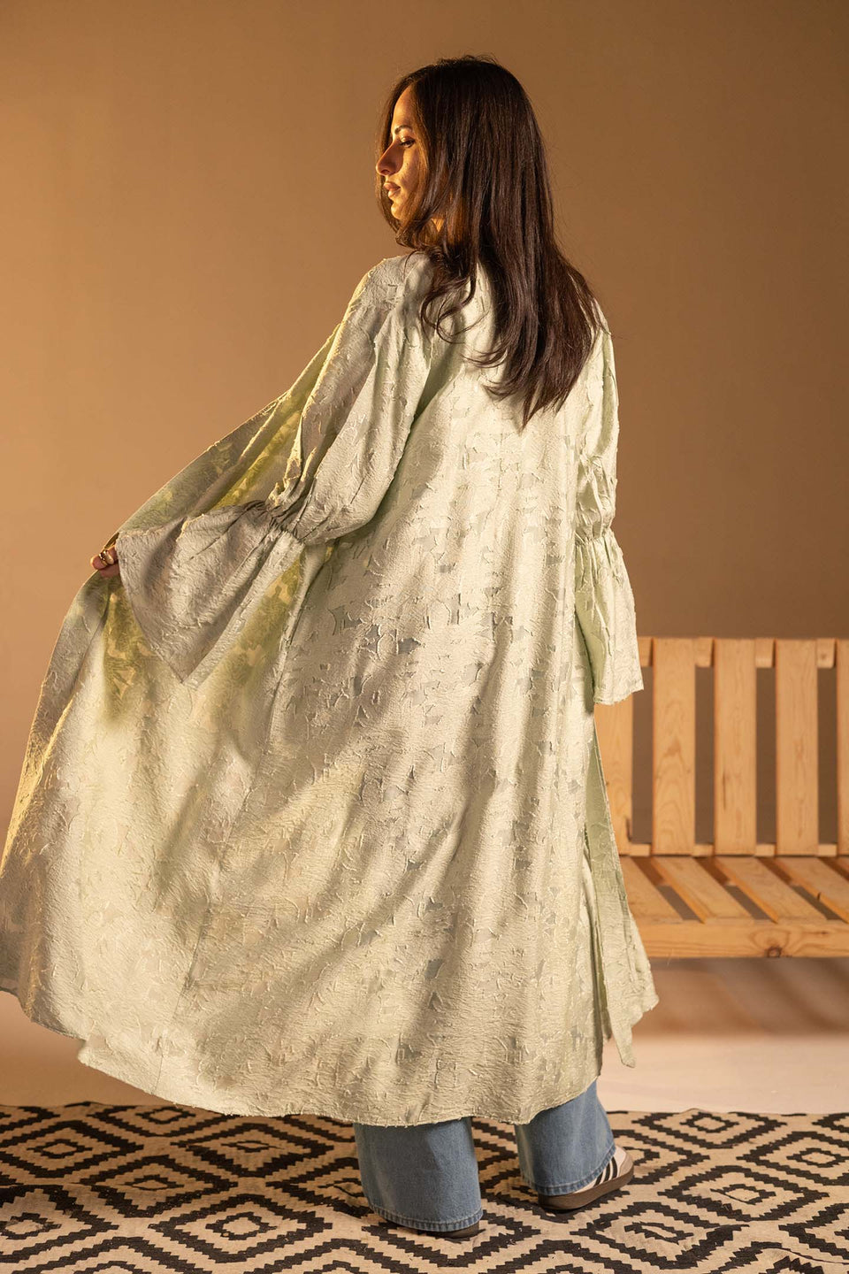 Mint Green Textured Jacquard Flared Sleeve Cardigan