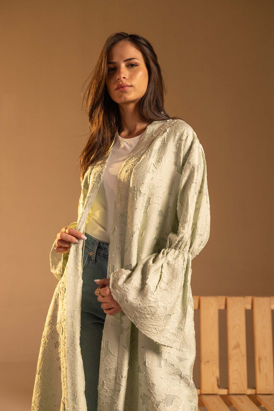 Mint Green Textured Jacquard Flared Sleeve Cardigan