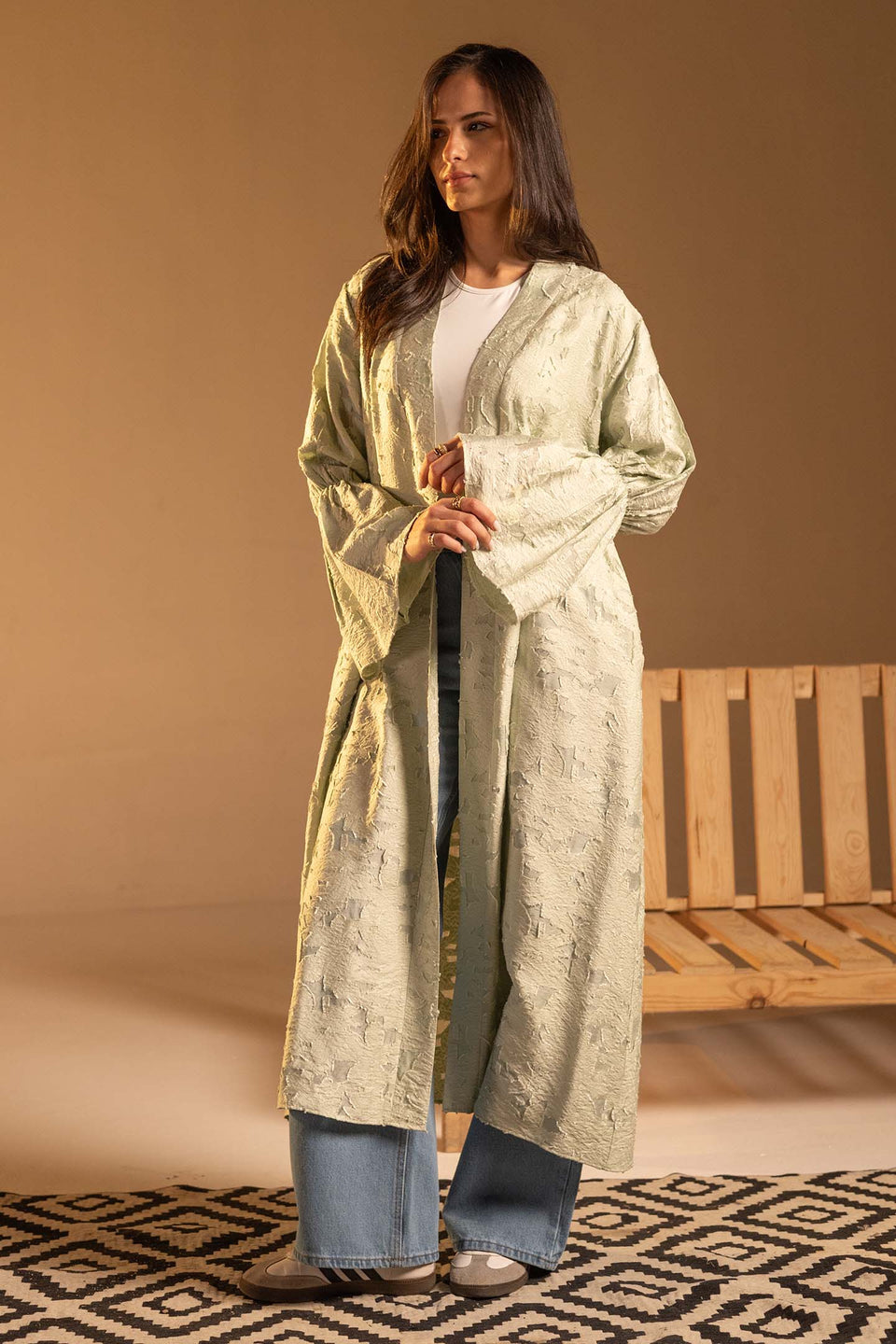 Mint Green Textured Jacquard Flared Sleeve Cardigan