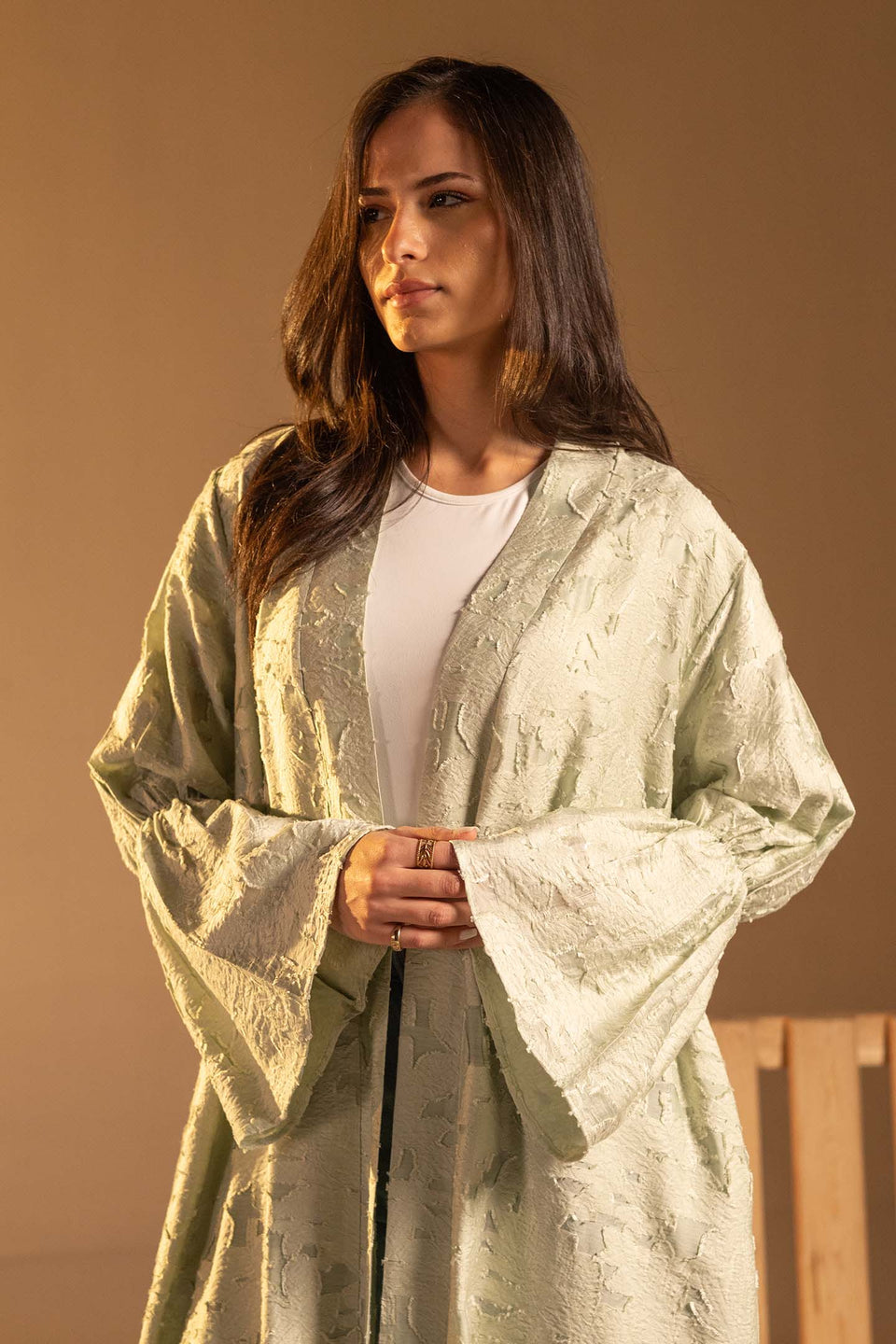 Mint Green Textured Jacquard Flared Sleeve Cardigan