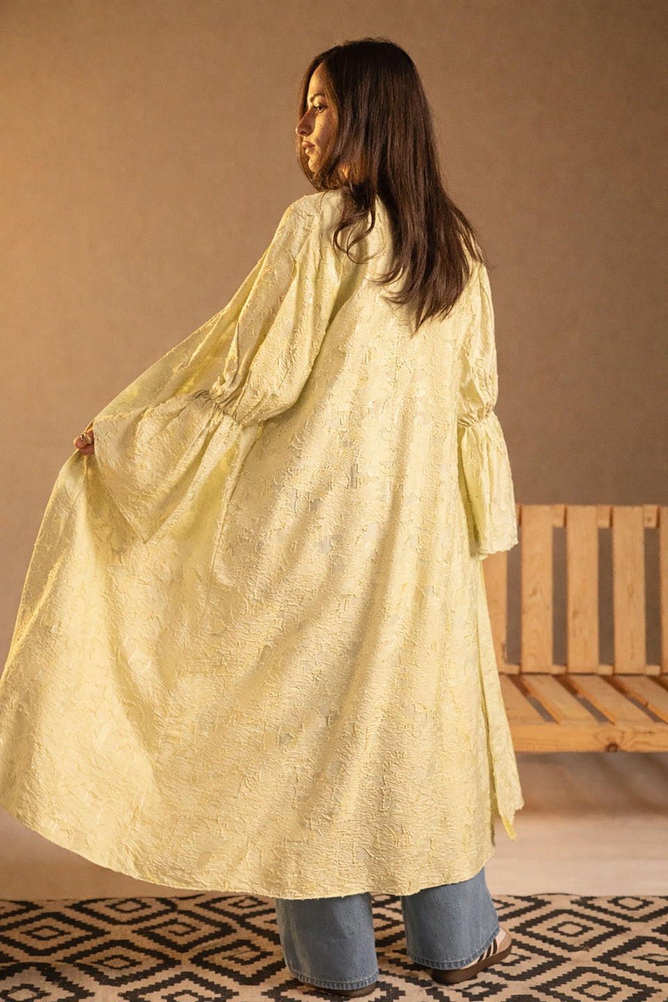 Yellow Textured Jacquard Flared Sleeve Cardigan