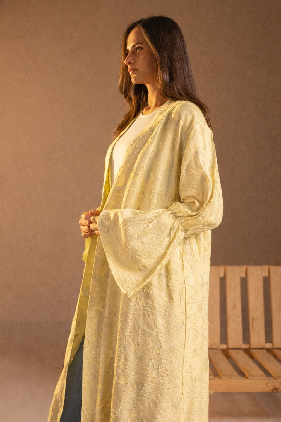 Yellow Textured Jacquard Flared Sleeve Cardigan