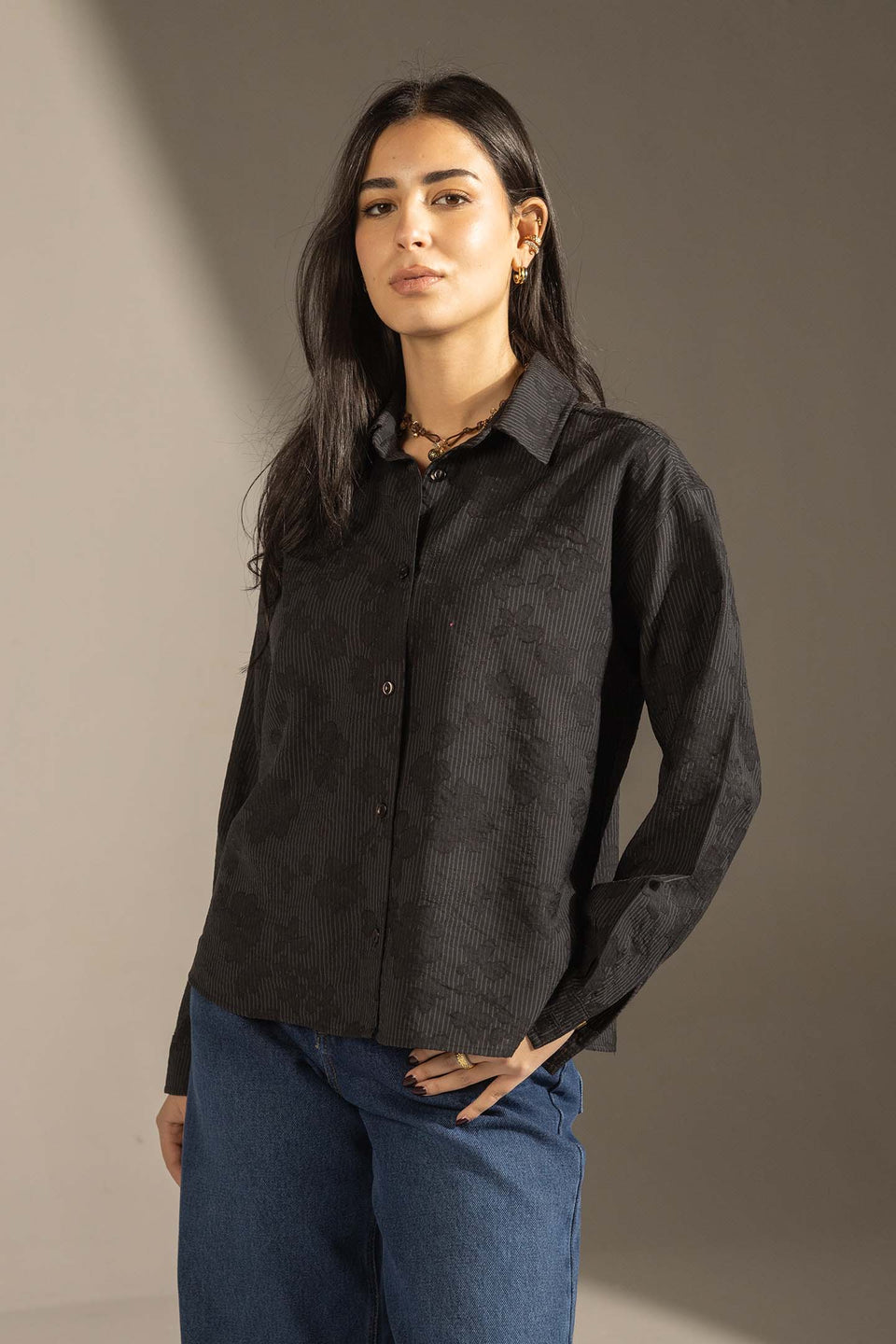 Black Textured Stripe Button-Up Shirt