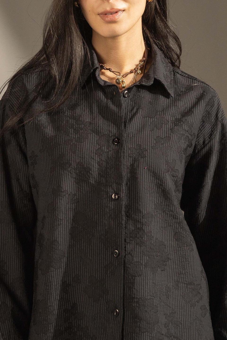 Black Textured Stripe Button-Up Shirt