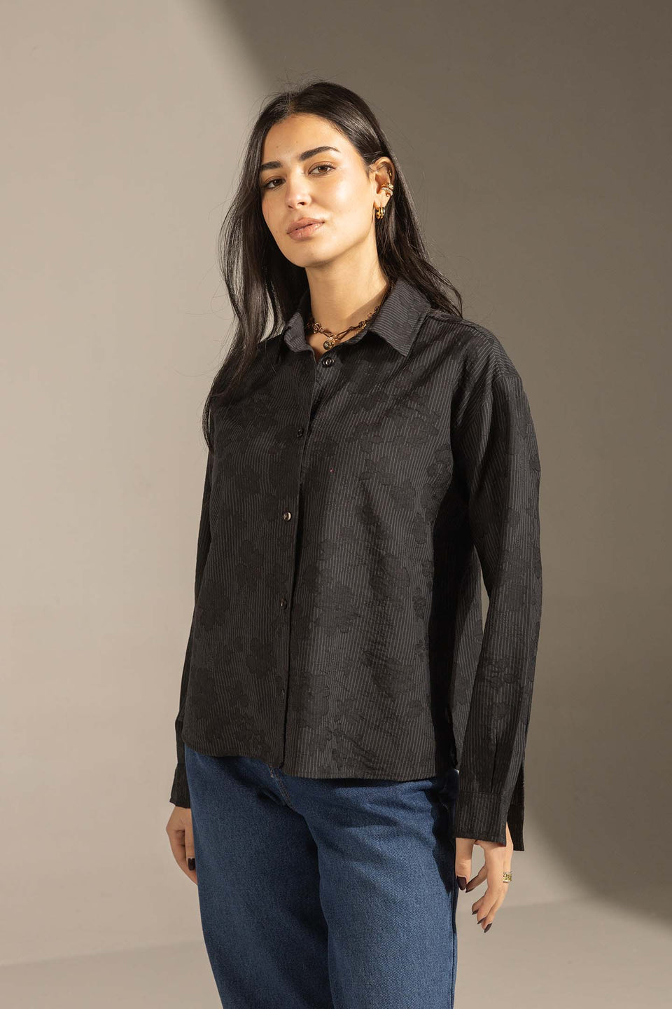 Black Textured Stripe Button-Up Shirt