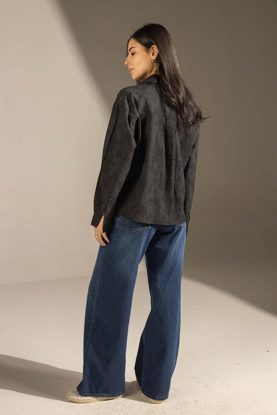 Black Textured Stripe Button-Up Shirt