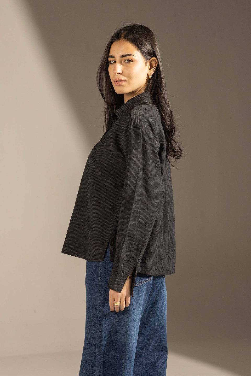 Black Textured Stripe Button-Up Shirt