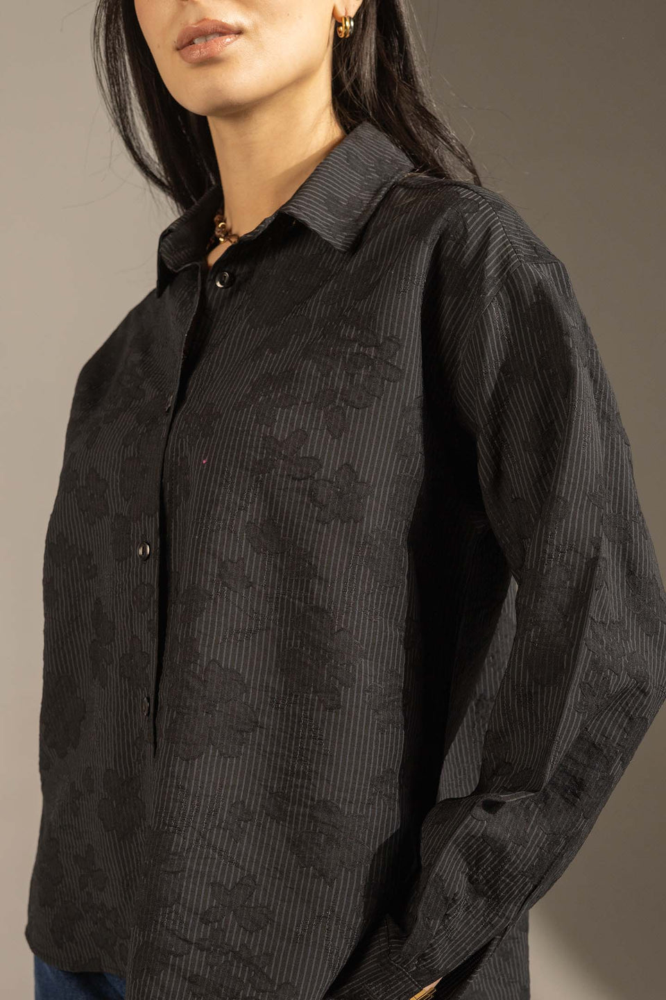 Black Textured Stripe Button-Up Shirt