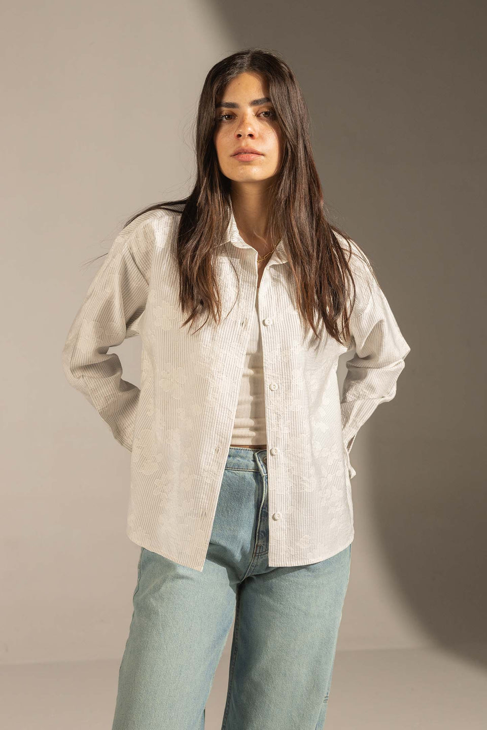 Grey Textured Stripe Button-Up Shirt