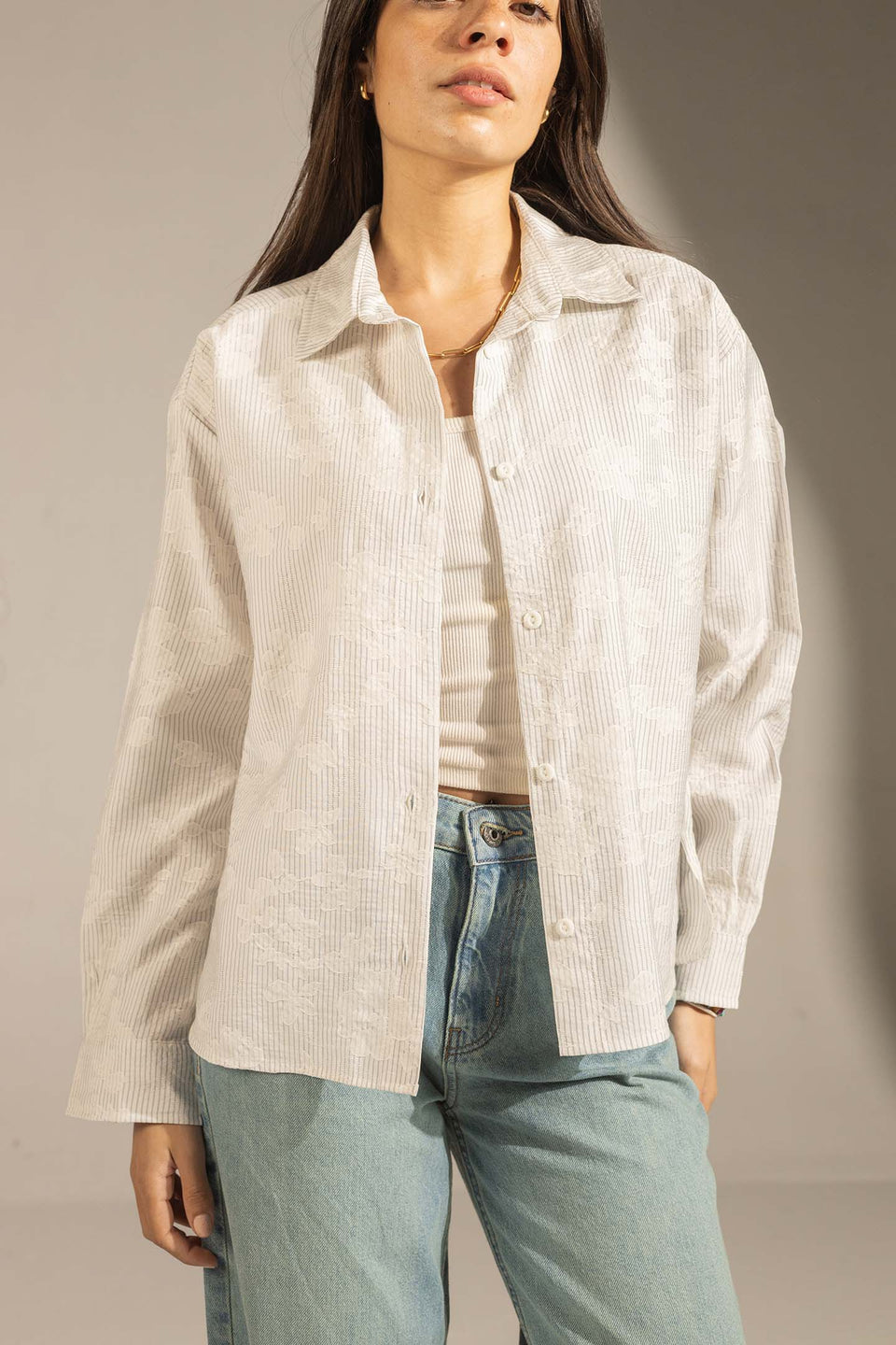 Grey Textured Stripe Button-Up Shirt