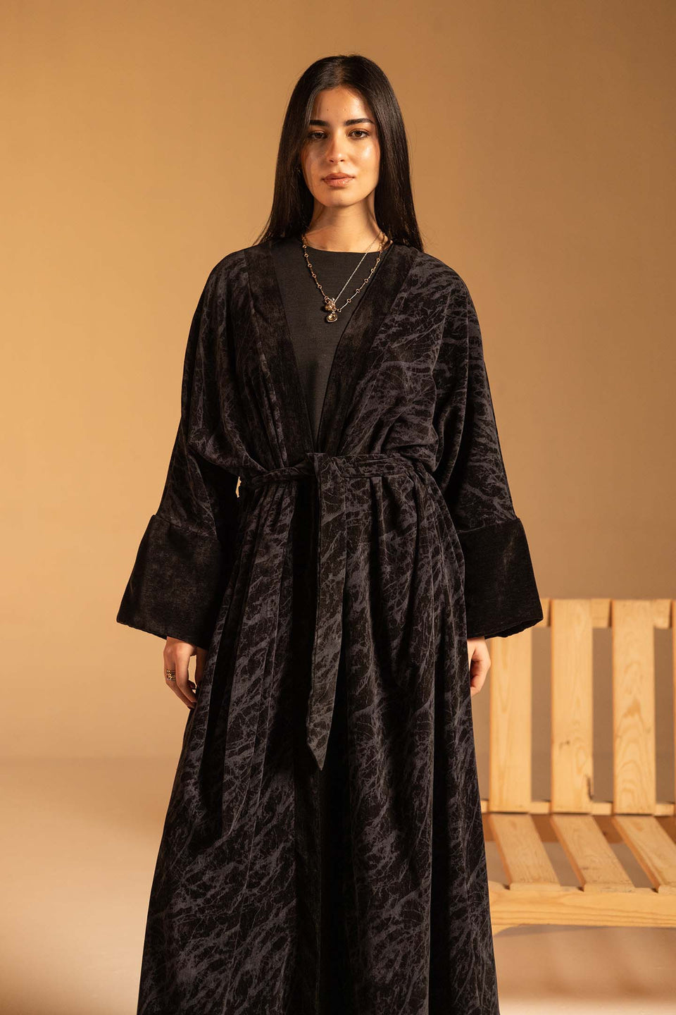 Black Marble Velvet Wide Sleeve Abaya