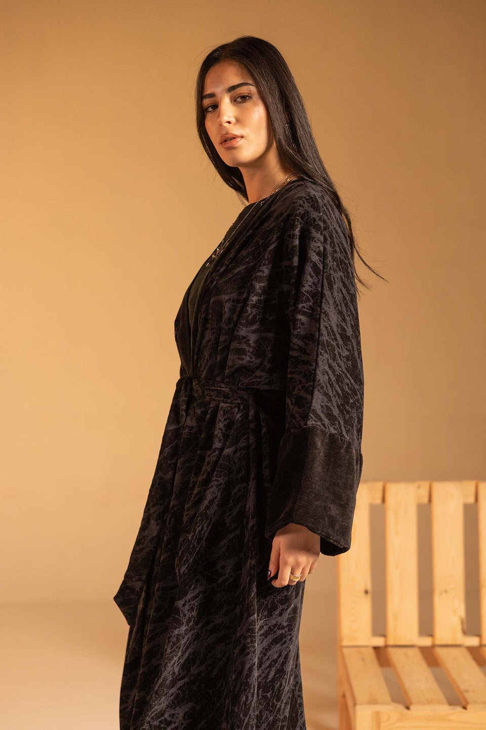 Black Marble Velvet Wide Sleeve Abaya