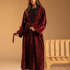 Burgundy Marble Velvet Wide Sleeve Abaya