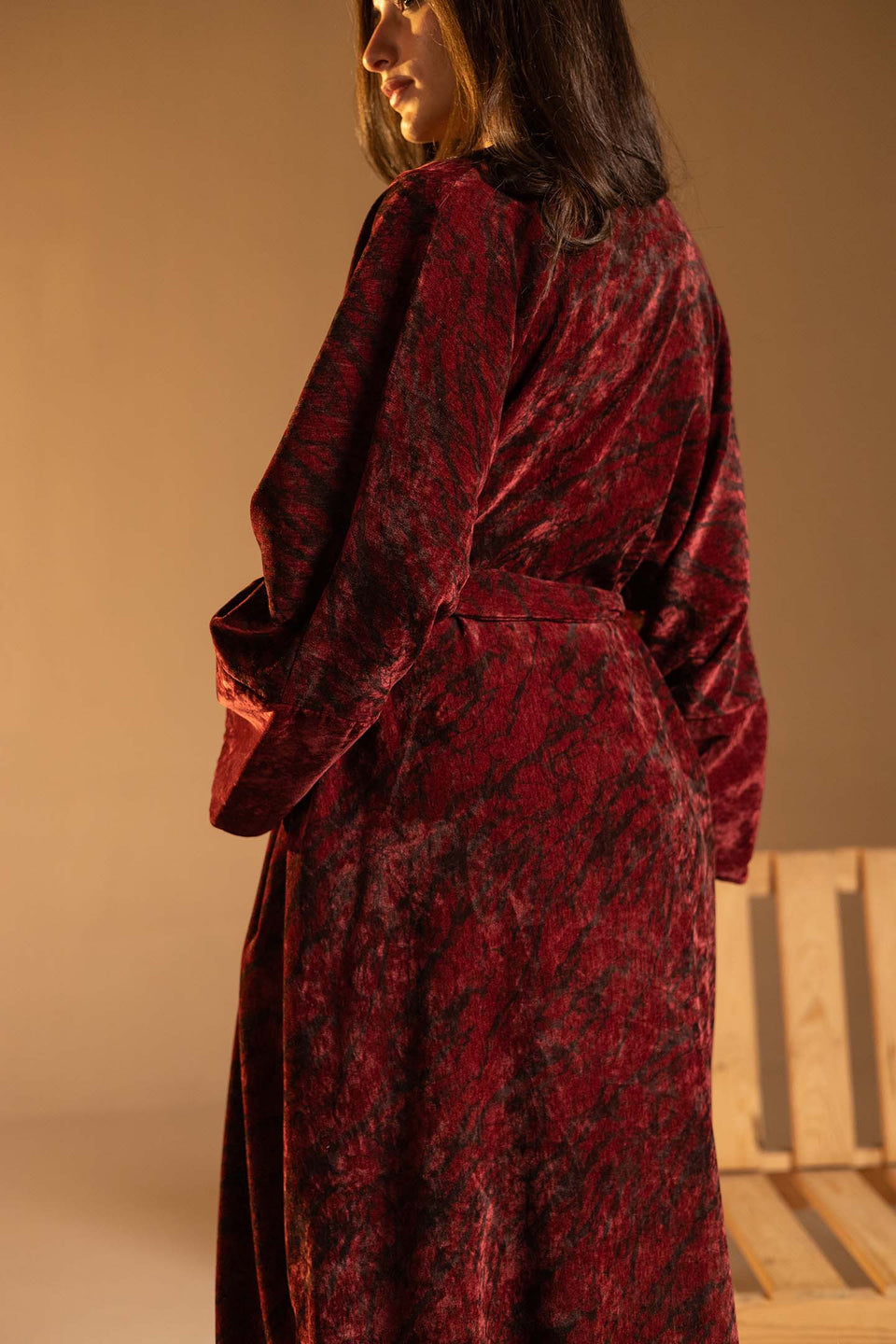 Burgundy Marble Velvet Wide Sleeve Abaya