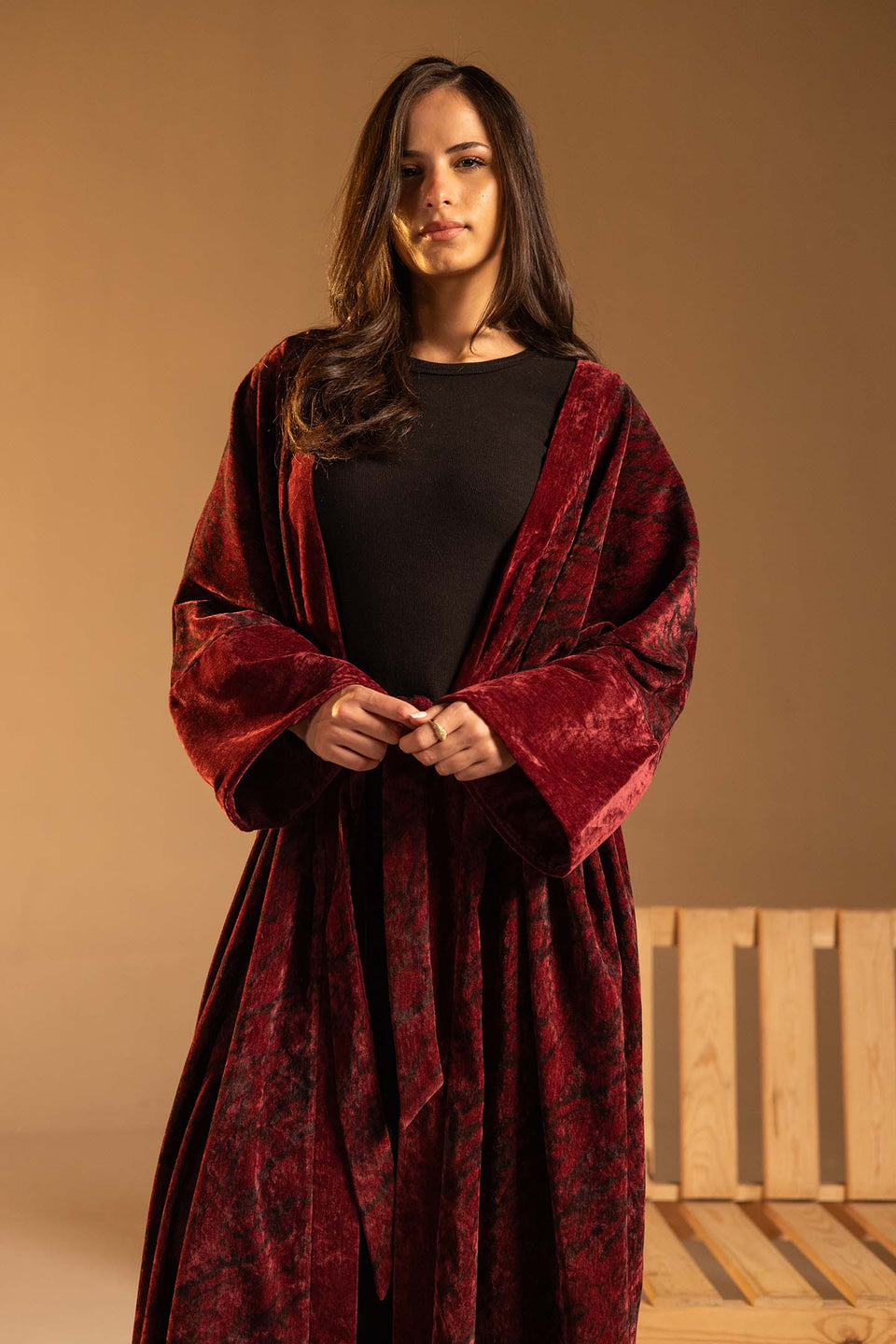 Burgundy Marble Velvet Wide Sleeve Abaya